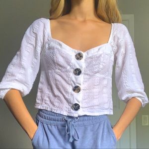 Else Buttoned White Long Sleeve Linen (3/4) Crop Top Size M Women’s